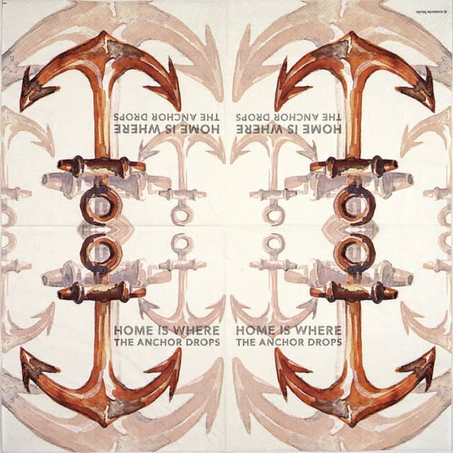 Paper napkin with a rustic brown anchor and the text Home is where the anchor drops