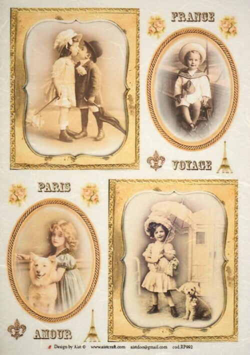 Vintage decoupage rice paper with old photographs of children and small dogs in frames