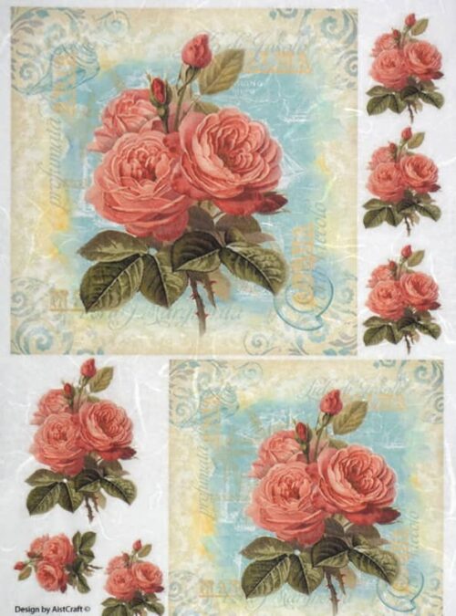 Vintage decoupage rice paper featuring salmon-pink rose bouquets over a blue coastal background with shells and script.