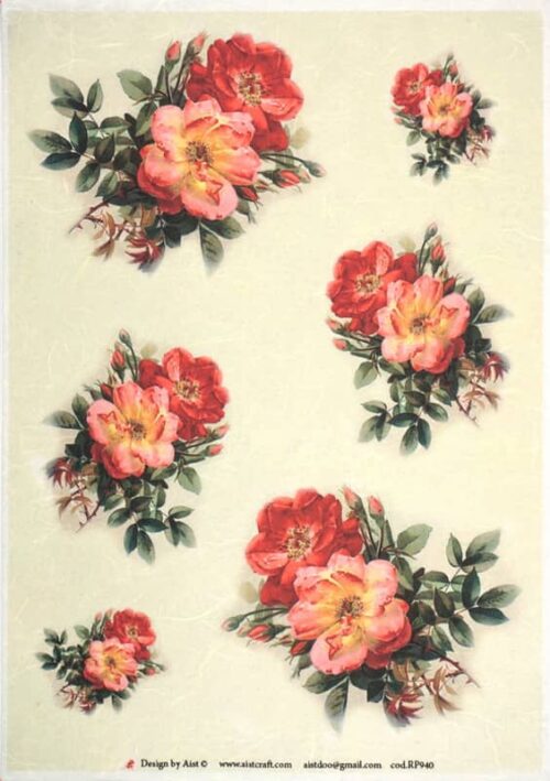 Vintage decoupage rice paper with various sized deep pink wild rose bouquets