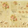 A4 rice paper for decoupage featuring graceful white swans, pink rose bouquets, and sentimental family quotes.