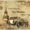 A4 rice paper for decoupage featuring a vintage luxury car, the Eiffel Tower, and "Paris Historicals Car" typography.