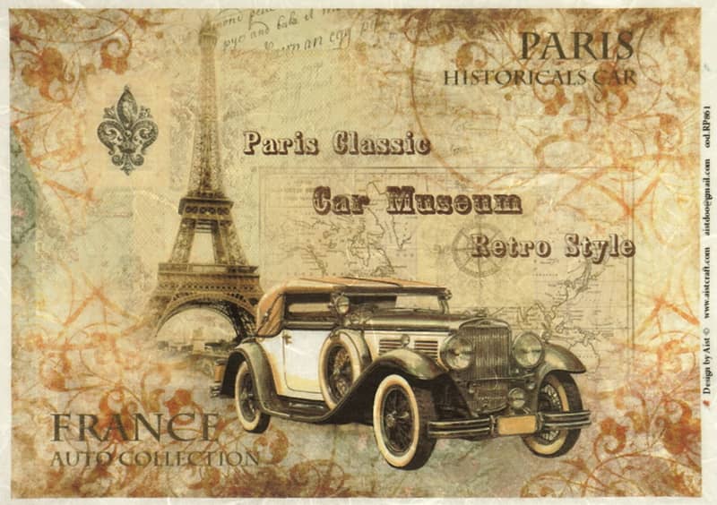 A4 rice paper for decoupage featuring a vintage luxury car, the Eiffel Tower, and "Paris Historicals Car" typography.