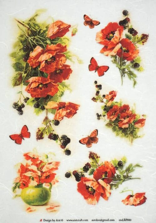 Vintage decoupage rice paper with red poppy bouquets, blackberries and butterflies