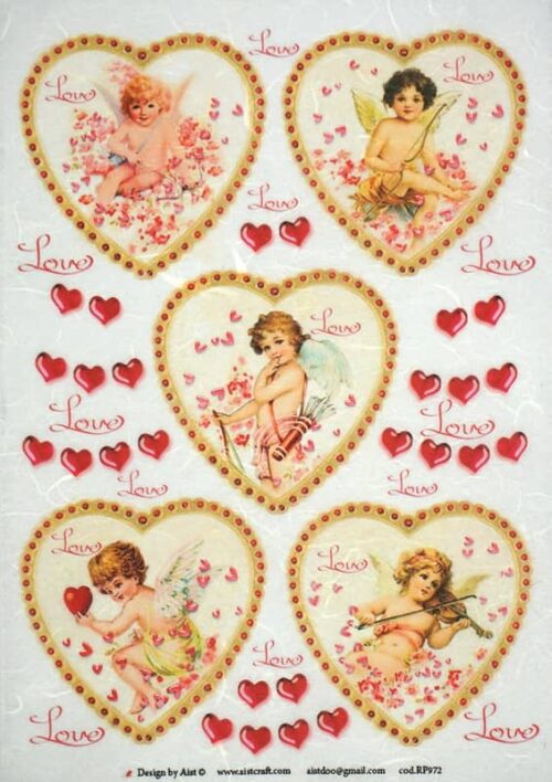 Vintage decoupage rice paper with five heart-shaped frames containing cherubs and cupids