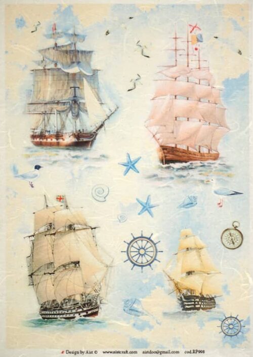 Vintage decoupage rice paper with classic sailing ships, seagulls and starfish