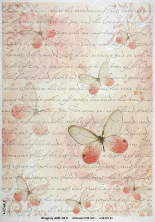 Vintage decoupage rice paper featuring delicate translucent butterflies with orange and pink wing tips over cursive handwriting.