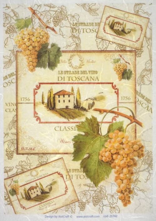 Vintage decoupage rice paper featuring golden grapes, a Tuscan villa, and Italian wine labels like 'Vino di Toscana'.