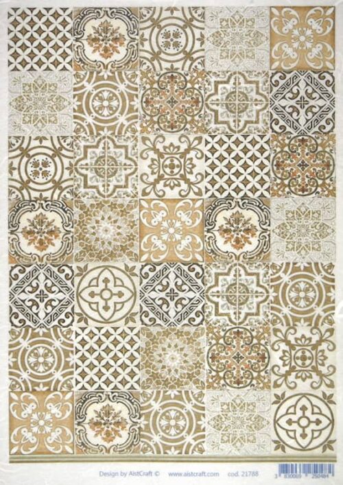 A4 decoupage rice paper featuring a grid of 35 different vintage tile patterns in beige, brown, and ochre tones.