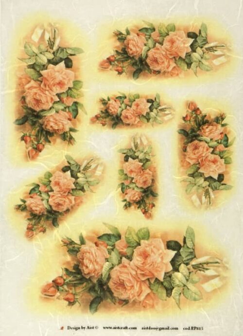 A4 rice paper for decoupage featuring several long garlands and clusters of vintage peach roses with green leaves.