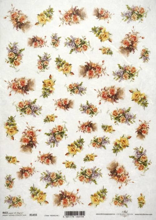 Decoupage rice paper with many small vintage yellow and orange rose bouquets
