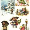 Vintage decoupage rice paper with Victorian children in snow and decorating a tree