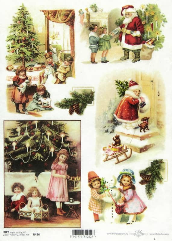 Vintage decoupage rice paper with Victorian Christmas scenes, Santa Claus and children