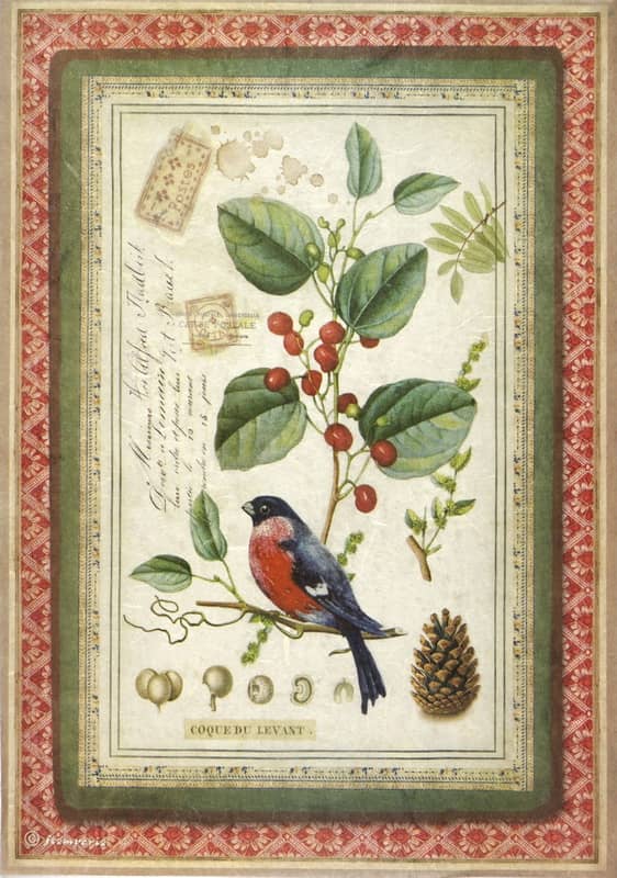 Vintage decoupage rice paper with a bullfinch bird, red berries and pine cone