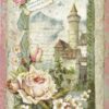 Decoupage rice paper with a vintage castle tower, pink roses and fairytale quote