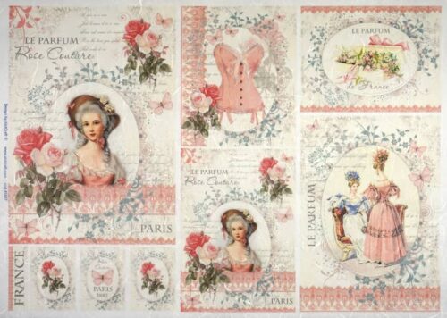 Vintage French style A3 decoupage rice paper with Rococo ladies, roses, a corset, and "Le Parfum" typography.