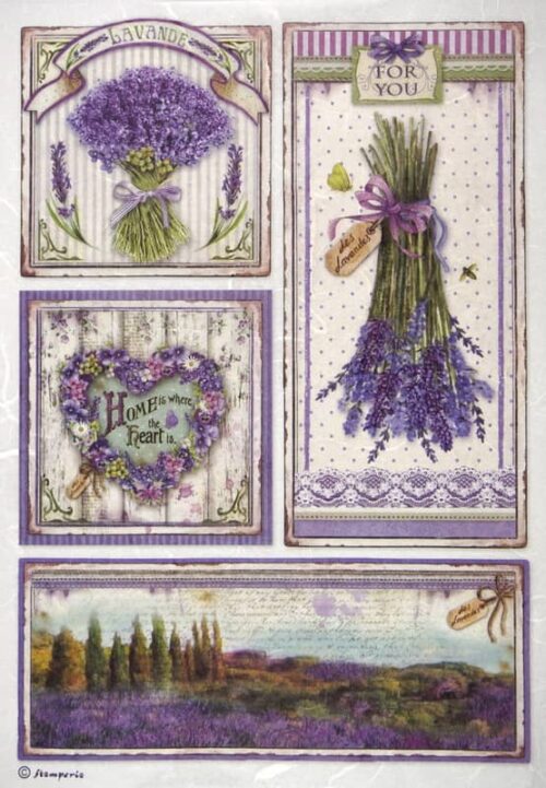 Vintage Stamperia decoupage rice paper featuring lavender bouquets, a floral heart, and a purple landscape.