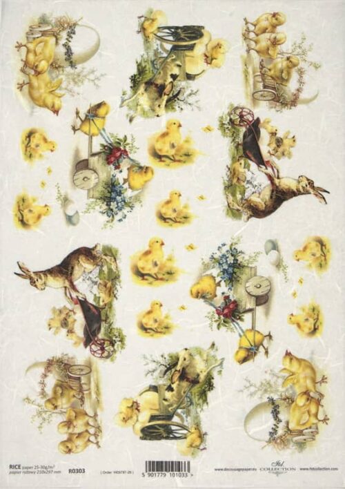 Vintage Easter decoupage rice paper with cute yellow chicks, bunnies, and wheelbarrows full of eggs.